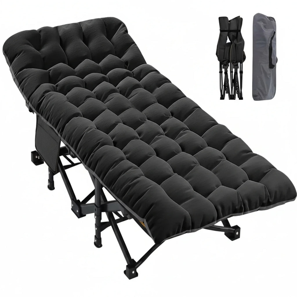 Black Folding Camping Cot With Mattress with folded cot and storage bag