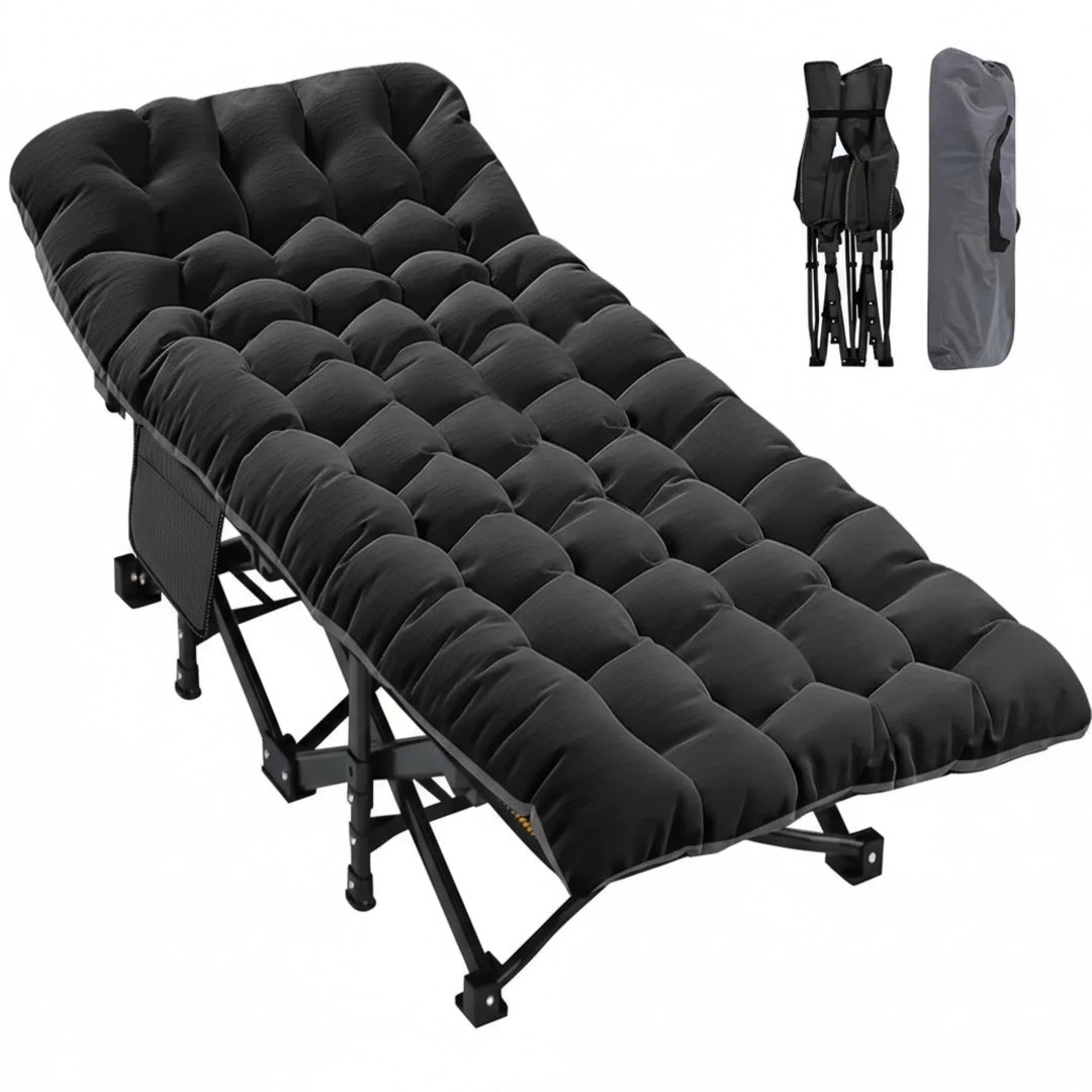 Black Folding Camping Cot With Mattress with folded cot and storage bag
