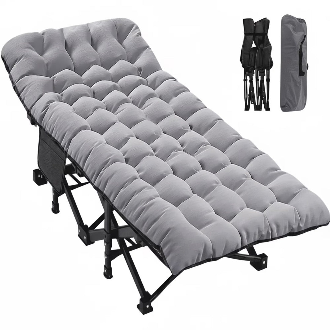 Gray Folding Camping Cot With Mattress with folded cot and storage bag