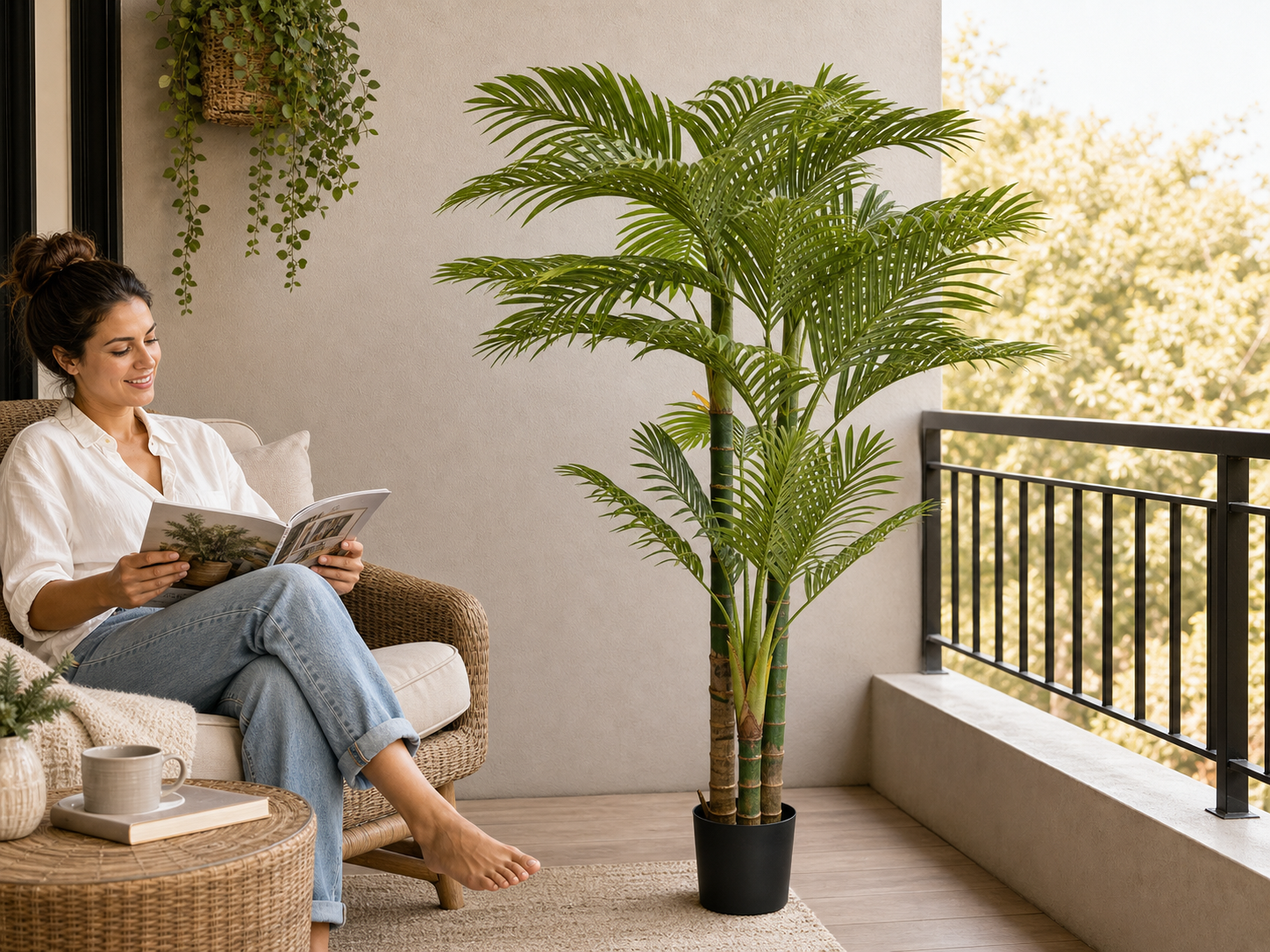 6.5 ft Artificial Palm Tree beside a seated reader in a bright covered sitting area