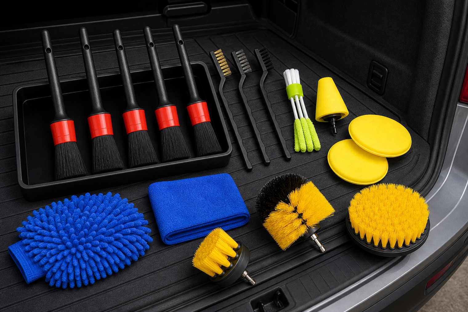 17-Piece Car Detailing Brush Kit arranged beside interior car trim
