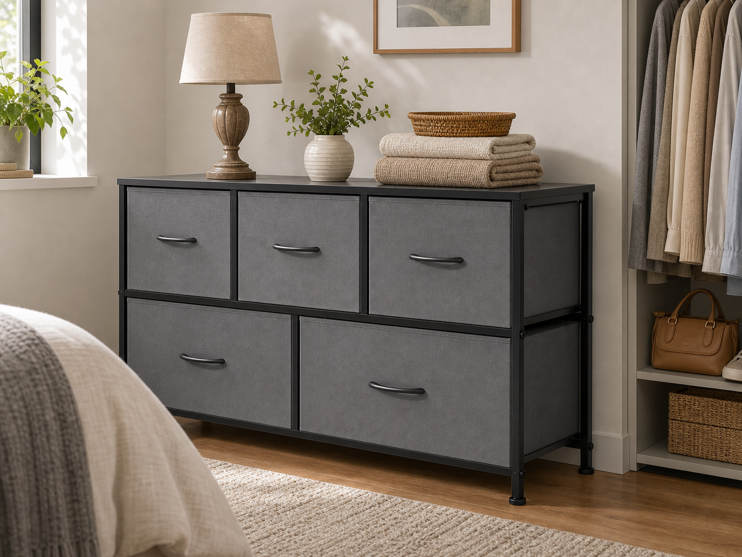 5-Drawer Fabric Storage Dresser in a small bedroom storage corner