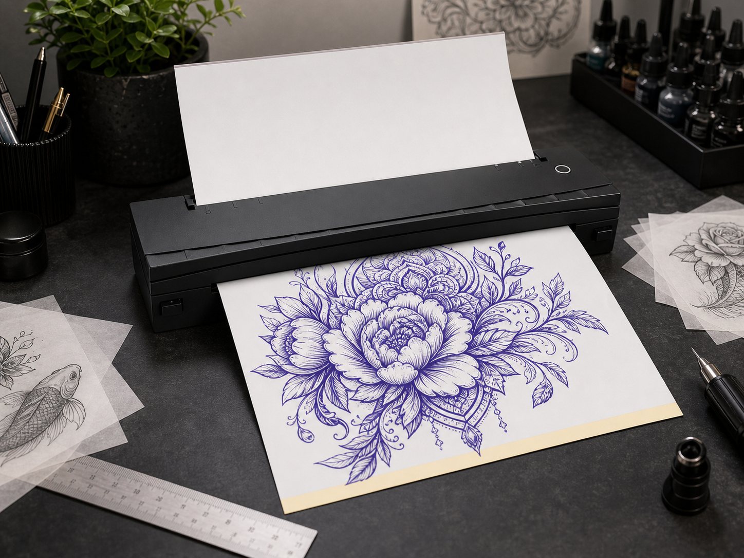 A4 Portable Thermal Tattoo Printer on a tidy stencil-prep desk