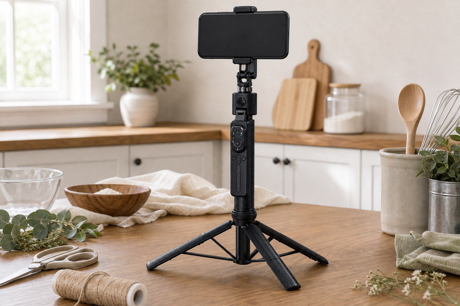 Auto-Tracking Selfie Stick Tripod set up on a kitchen table