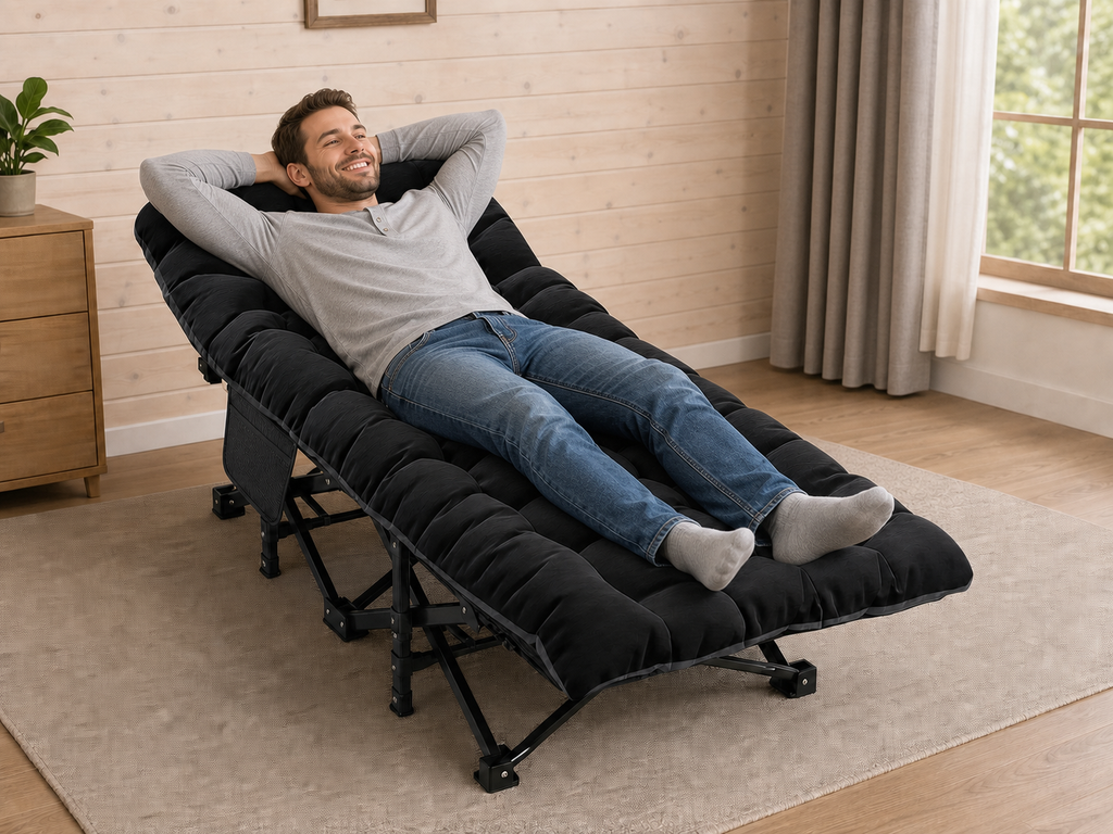 Adult man resting on the black Folding Camping Cot With Mattress in a warm guest-room setting