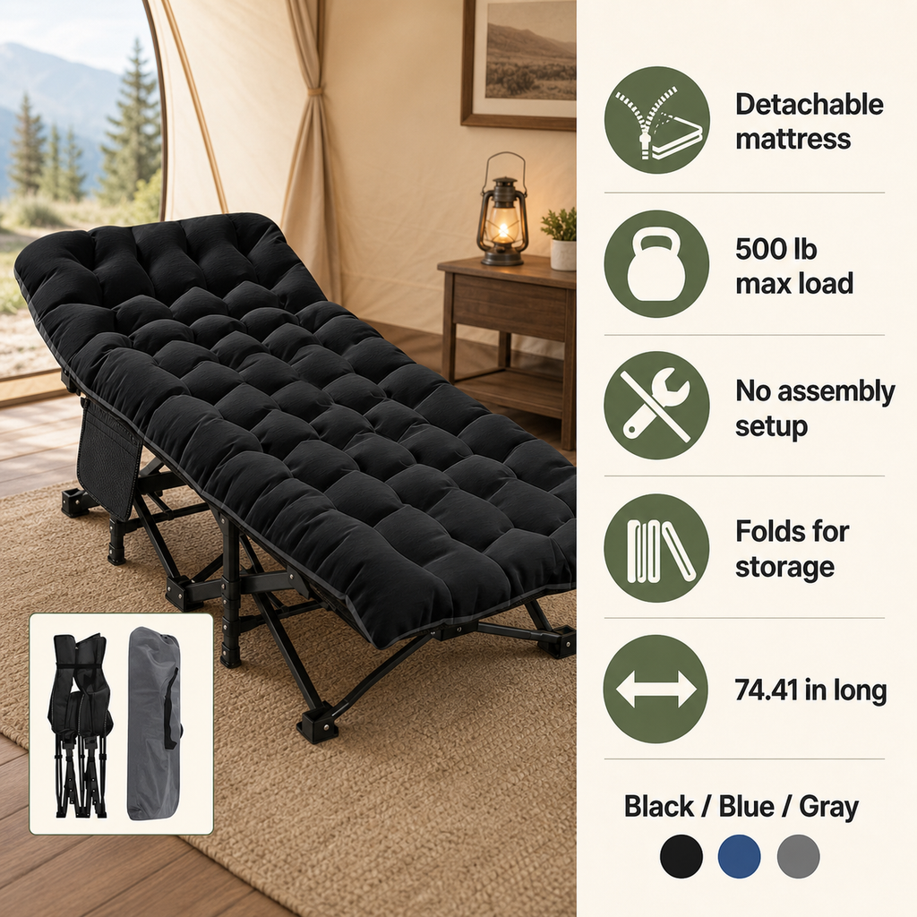 Folding Camping Cot With Mattress feature highlights with detachable mattress and folded storage