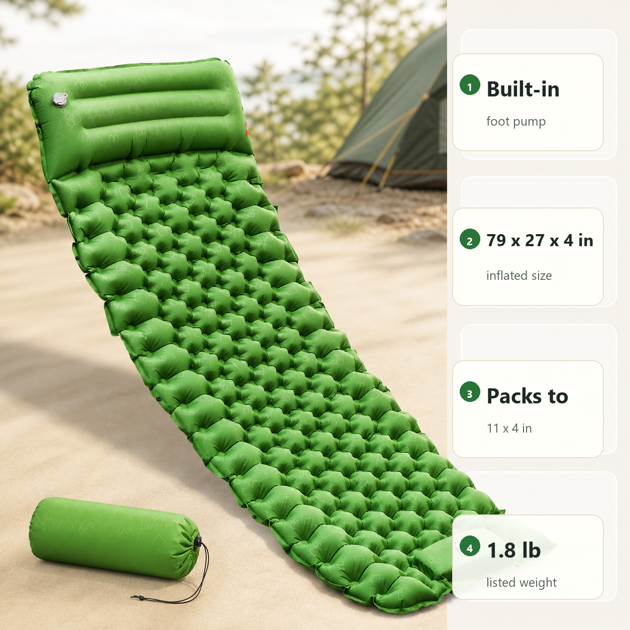 Promotional feature tile for the inflatable camping sleeping pad with built-in foot pump and packed-size details.