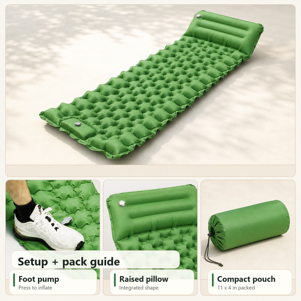 Setup and pack guide for the inflatable camping sleeping pad showing the foot pump, raised pillow, and compact pouch.