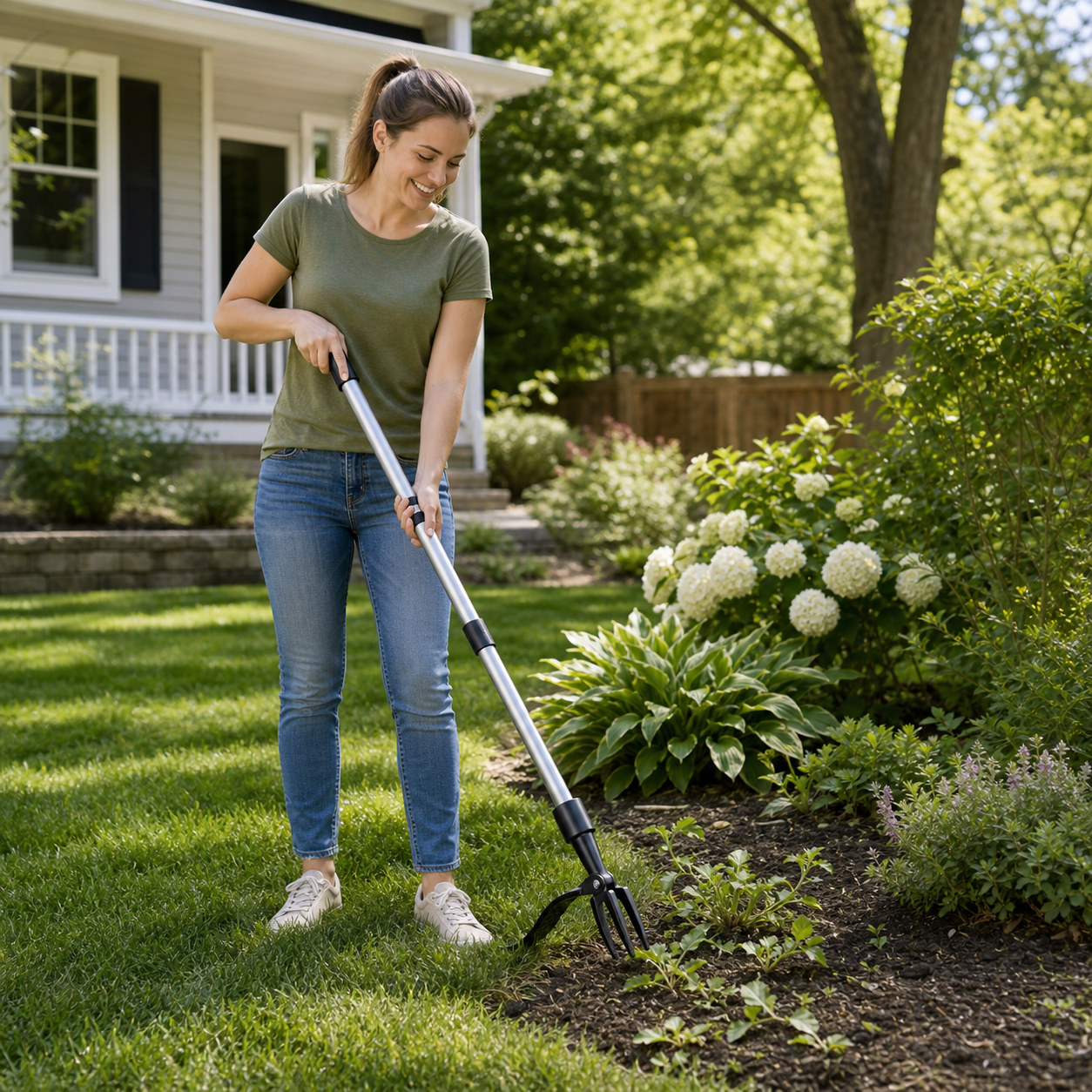 Happy gardener using the Stand-Up Weed Puller from a standing position
