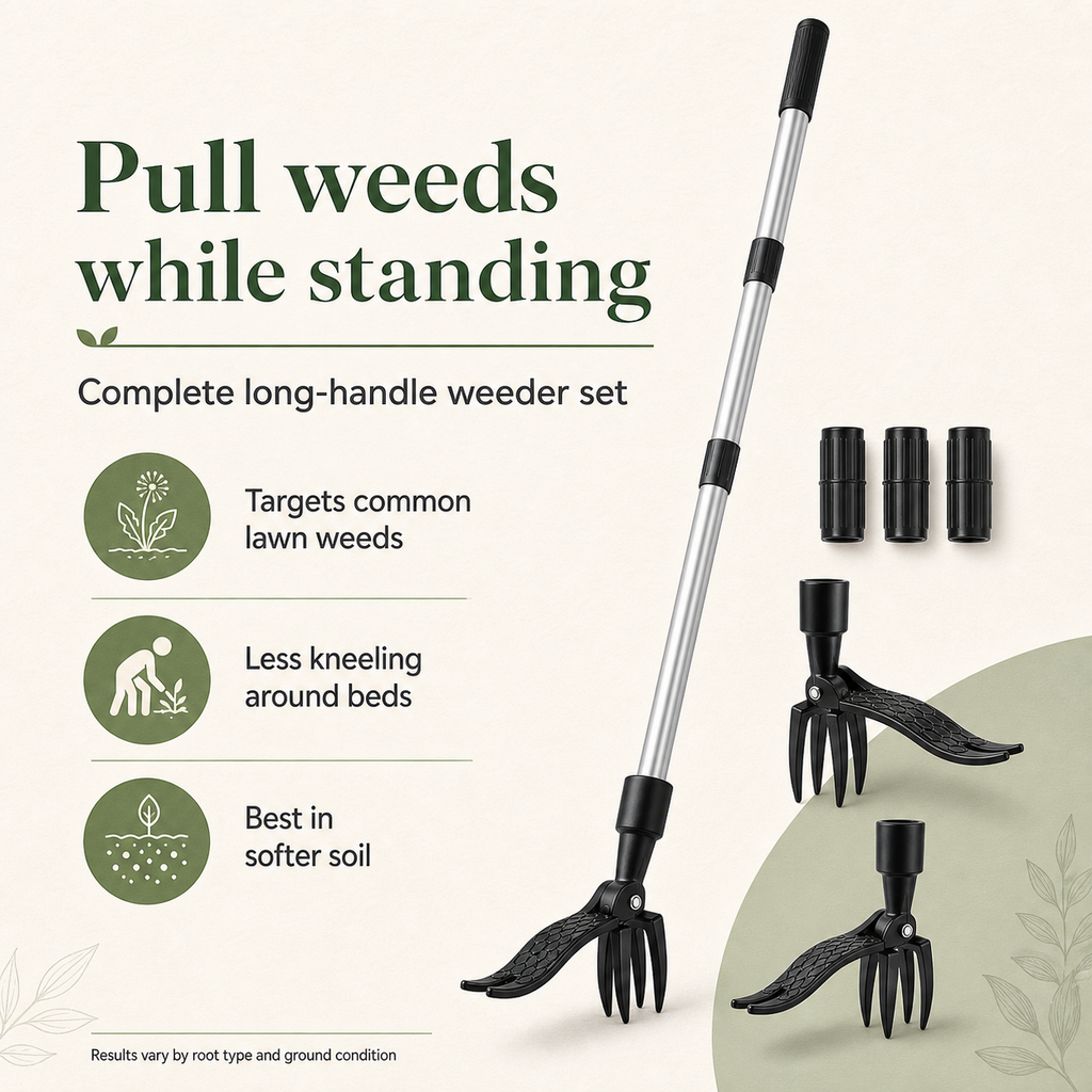 Stand-Up Weed Puller feature highlights for common lawn weeds and softer soil