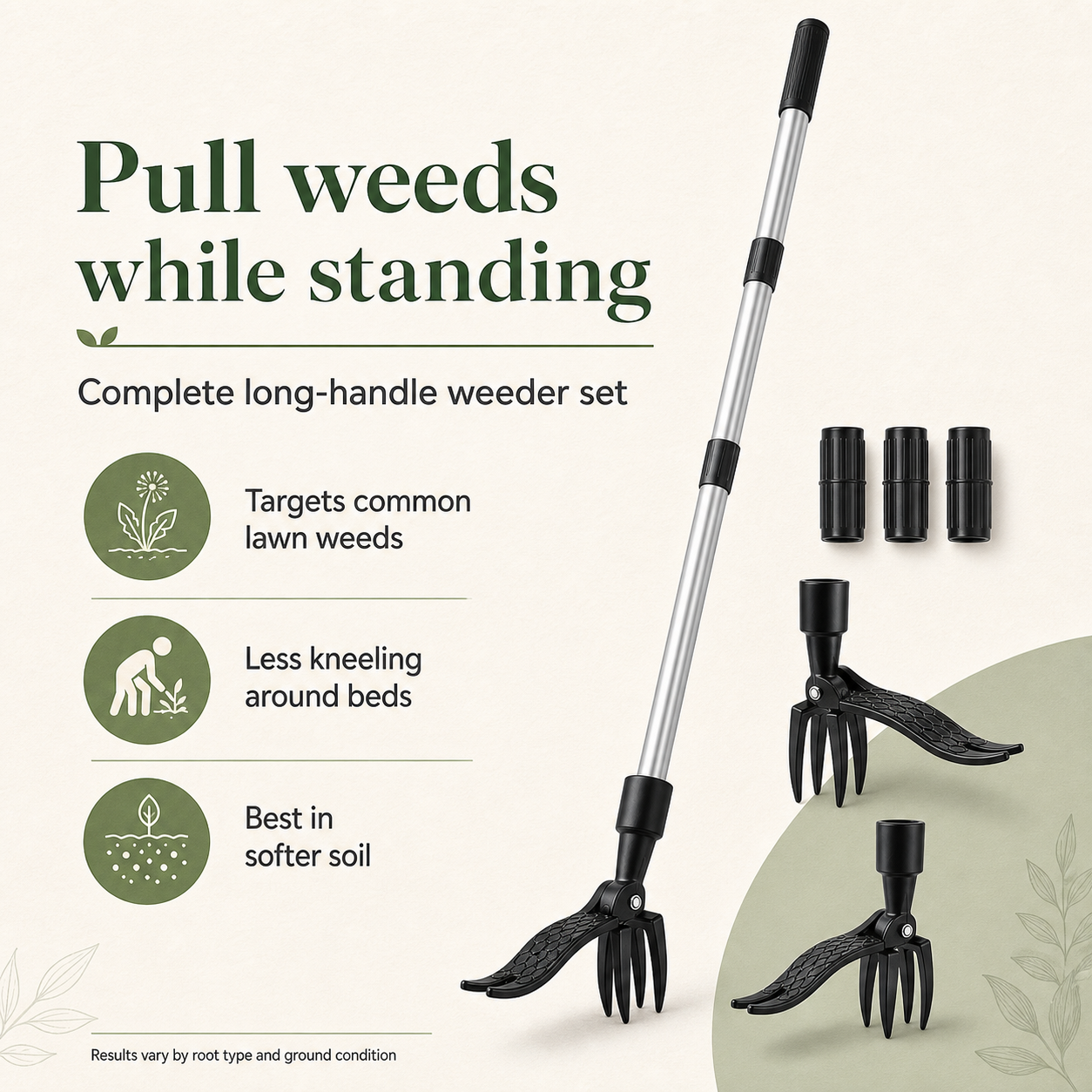 Stand-Up Weed Puller feature highlights for common lawn weeds and softer soil