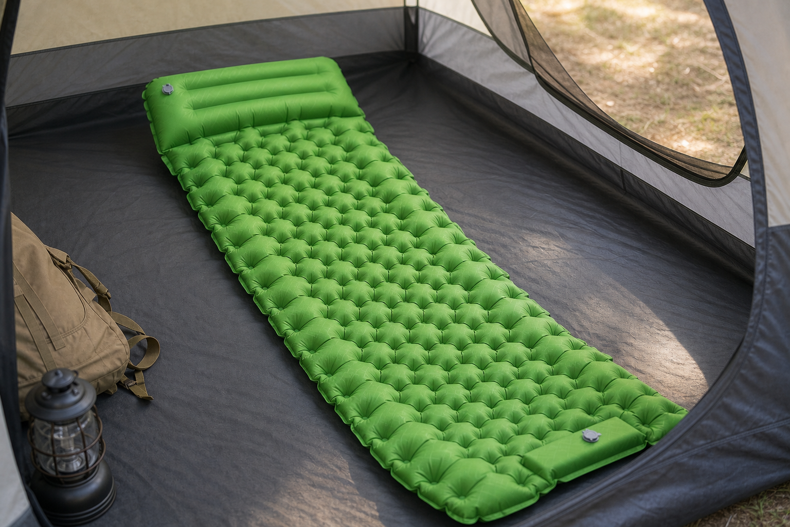 Green inflatable camping sleeping pad arranged inside a tent.