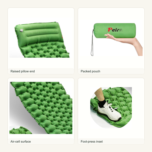 Detail collage of the inflatable camping sleeping pad, packed pouch, air-cell surface, and foot-press inset.