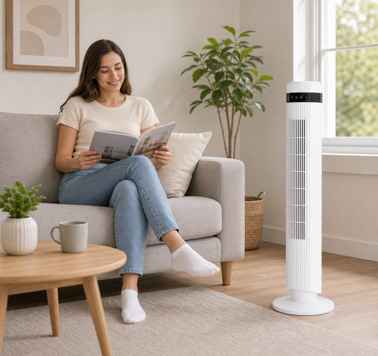 White Bladeless Tower Fan beside a couch while a woman reads