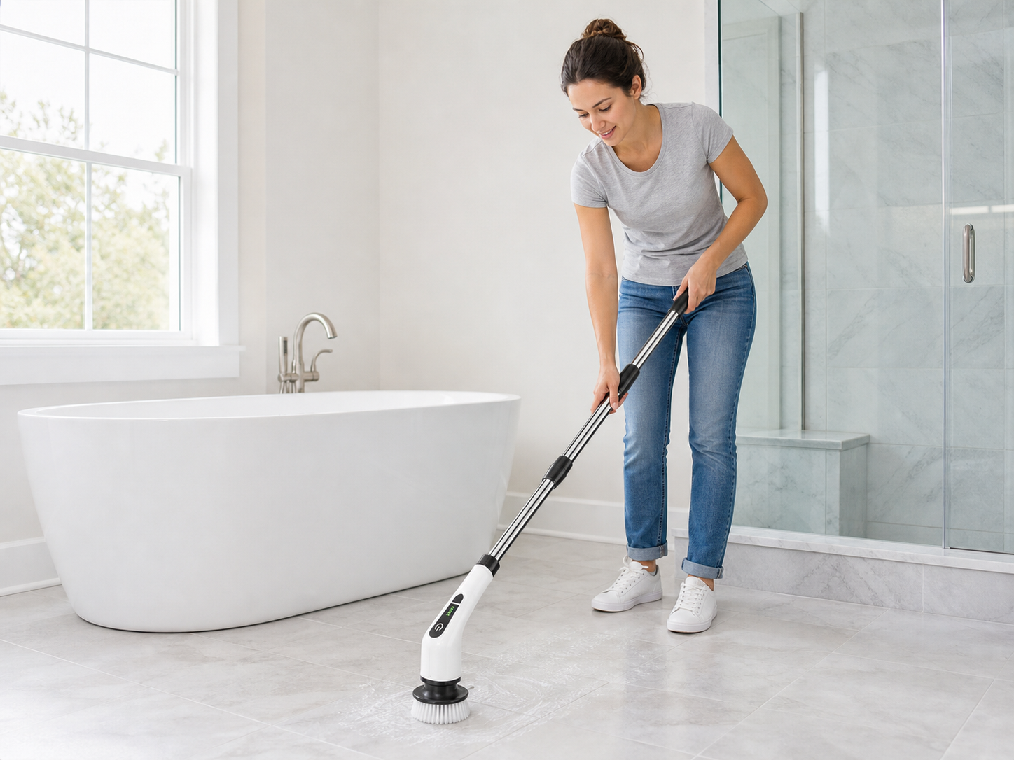 Cordless Electric Spin Scrubber in use on bathroom tile