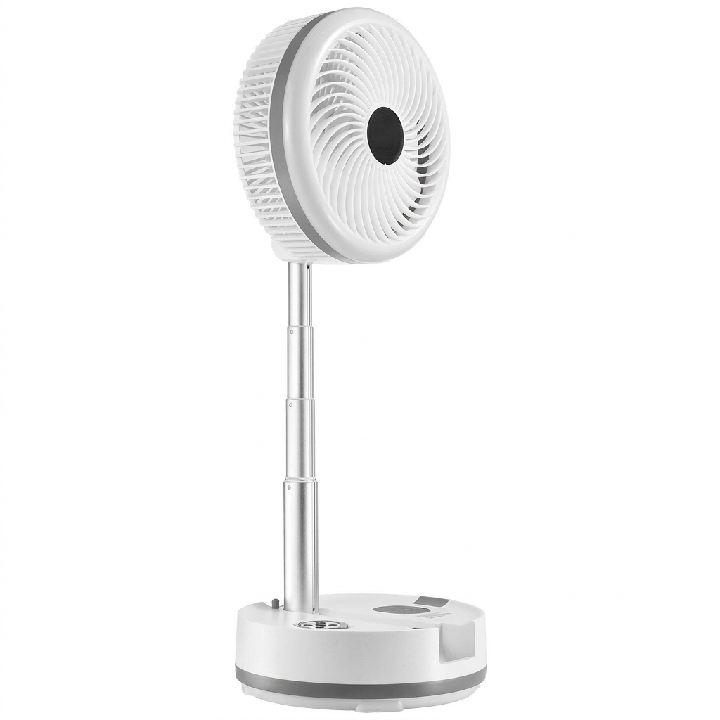 Foldable rechargeable oscillating fan side view with unbranded center badge