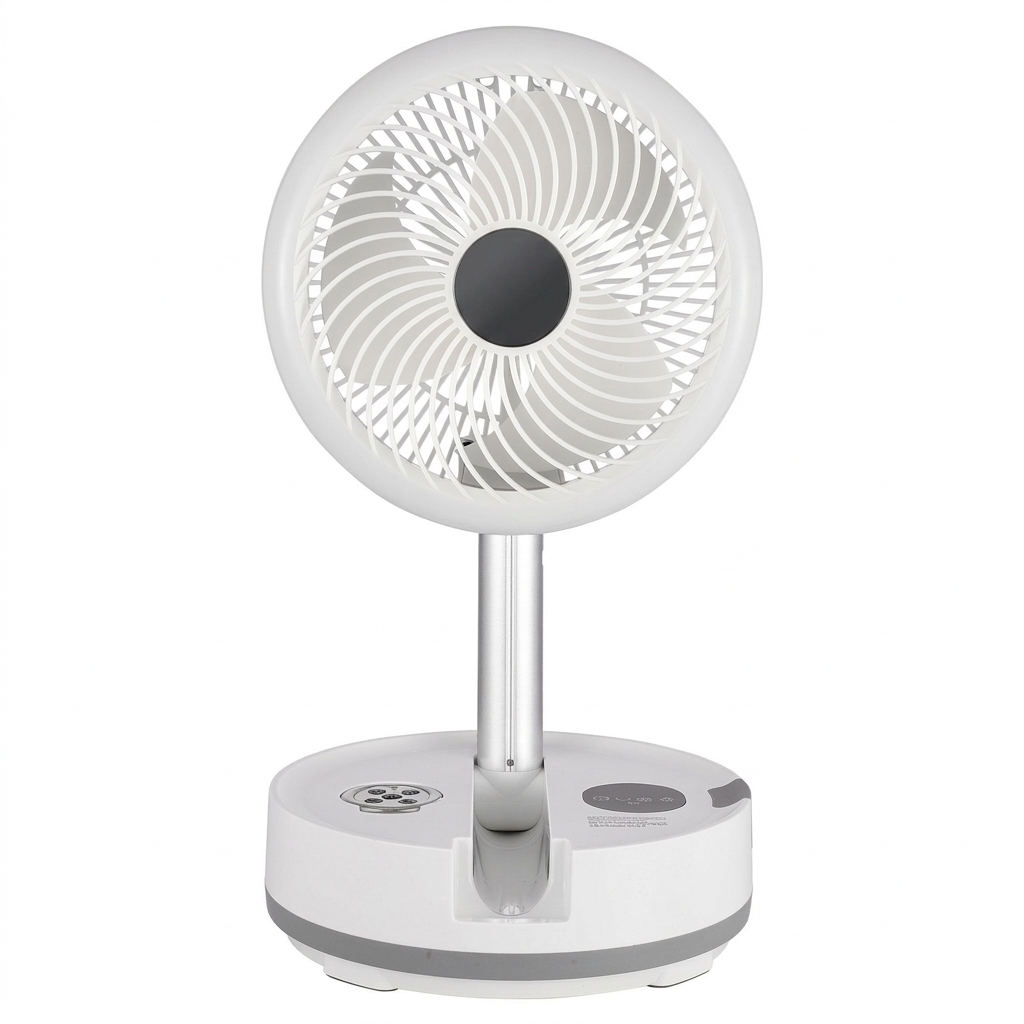 Foldable rechargeable oscillating fan front view with unbranded center badge