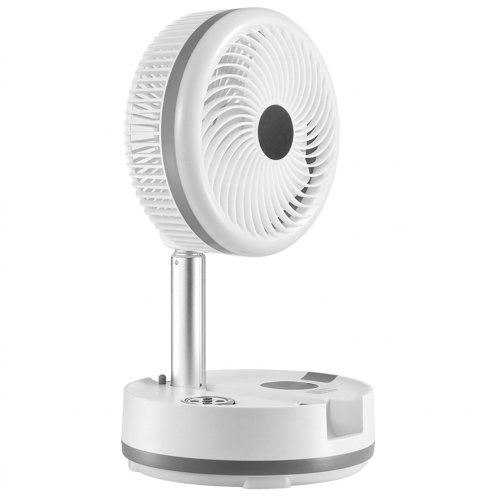 Foldable rechargeable oscillating fan angled view with unbranded center badge
