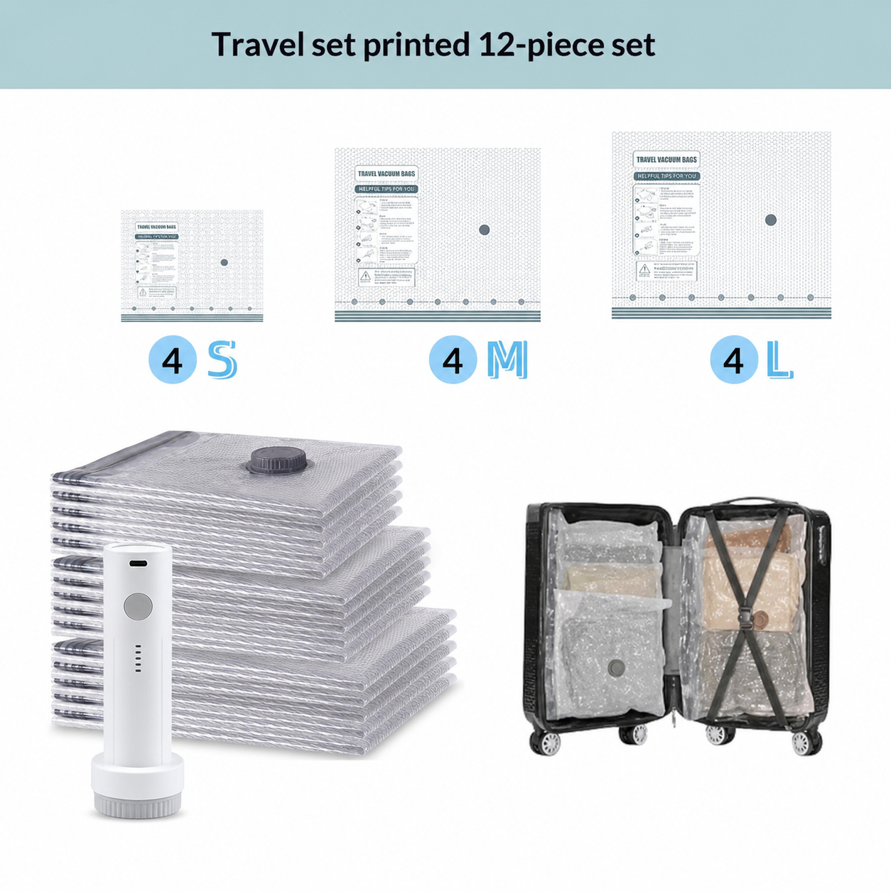 12-piece vacuum storage bag travel set with electric pump.