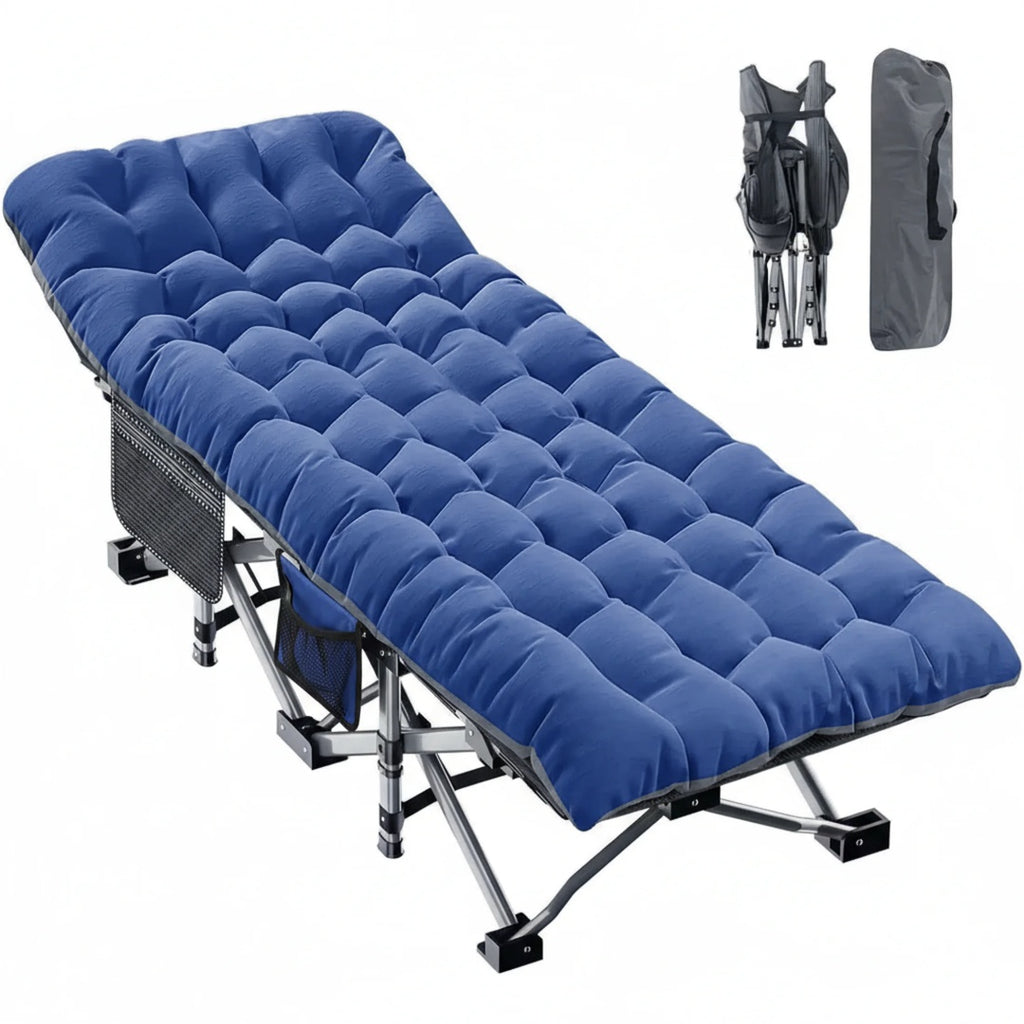 Blue Folding Camping Cot With Mattress with folded cot and storage bag