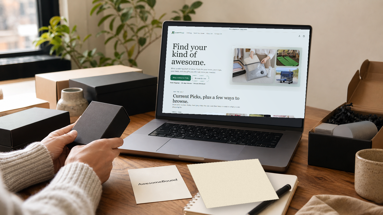 AwesomeBound product review workspace with the storefront open on a laptop