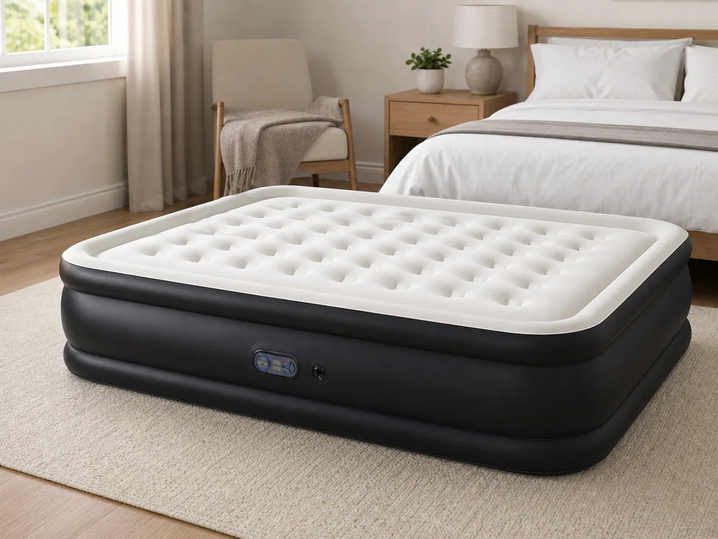 Inflatable air mattress set up in a guest room