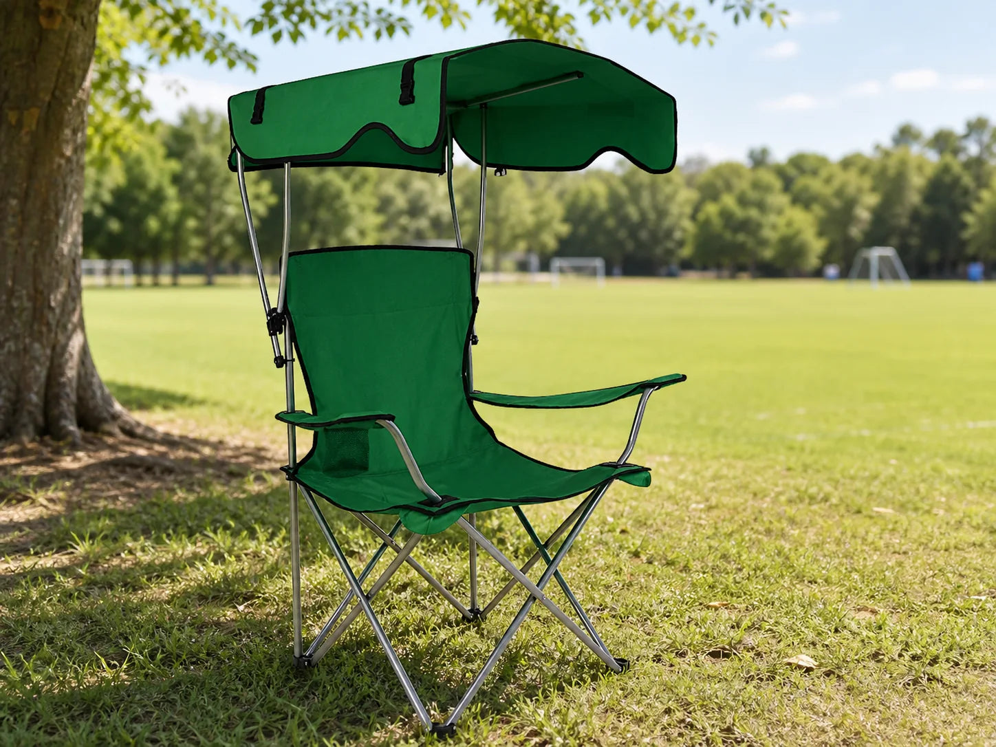 Camping chair with sunshade set up outdoors