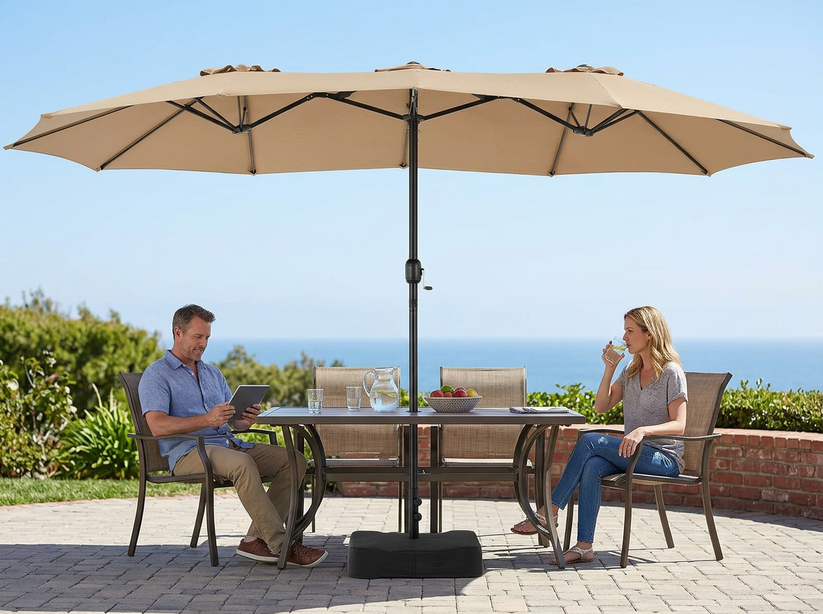 15-Foot Double-Sided Patio Umbrella with Base in use