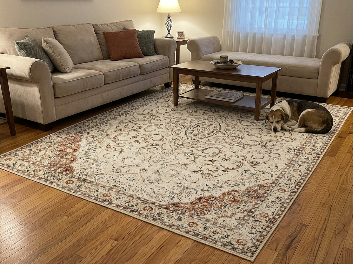 Machine-Washable Floral Area Rug in use