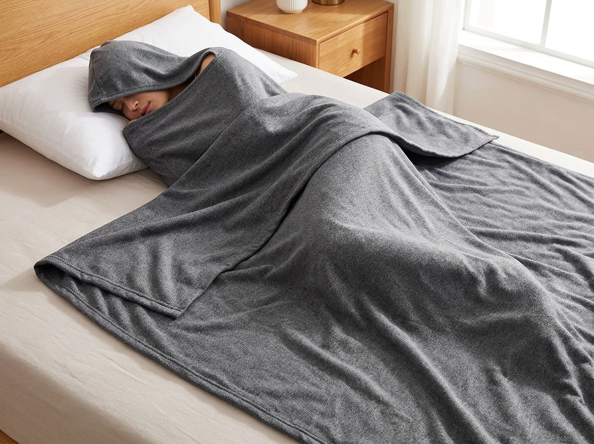 Wearable Hooded Sleep Pod Blanket in use