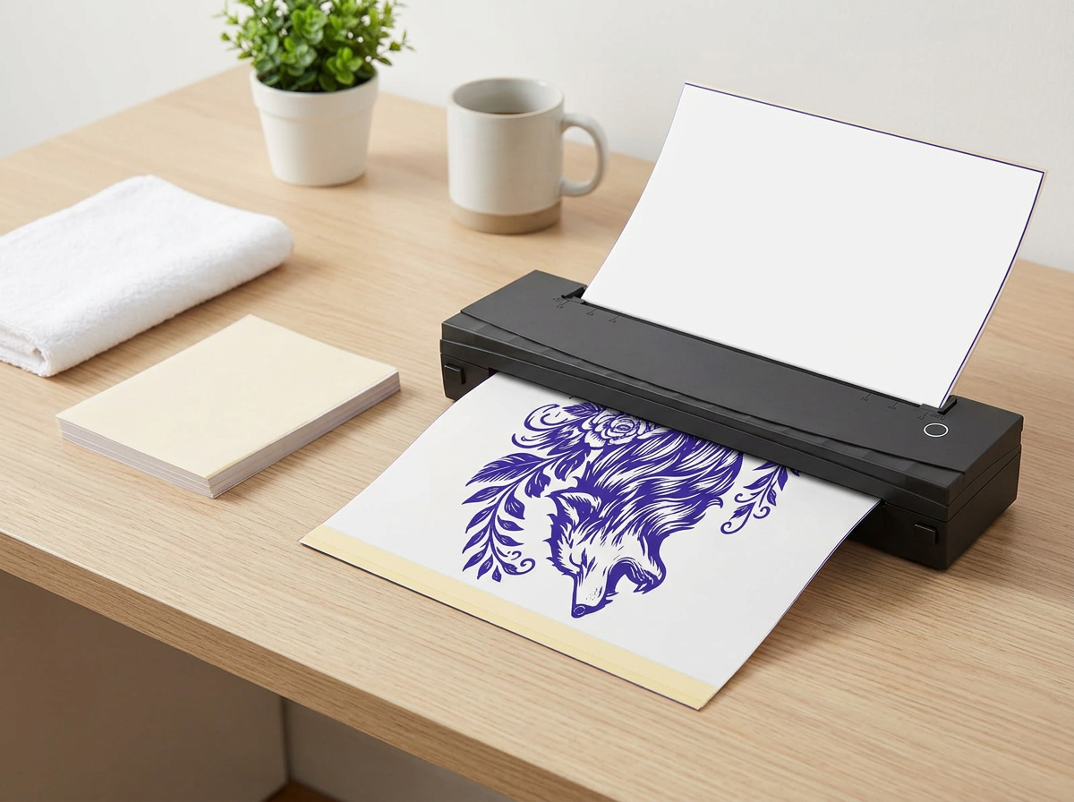 Portable thermal tattoo printer on a studio desk