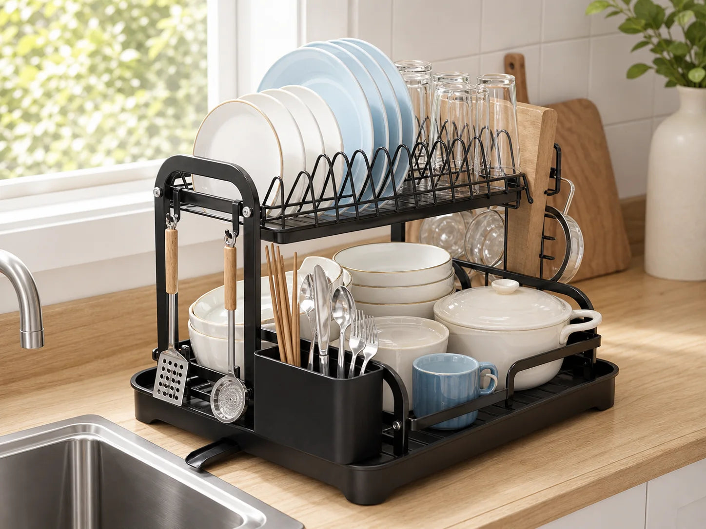 Two-tier dish drying rack on a kitchen counter