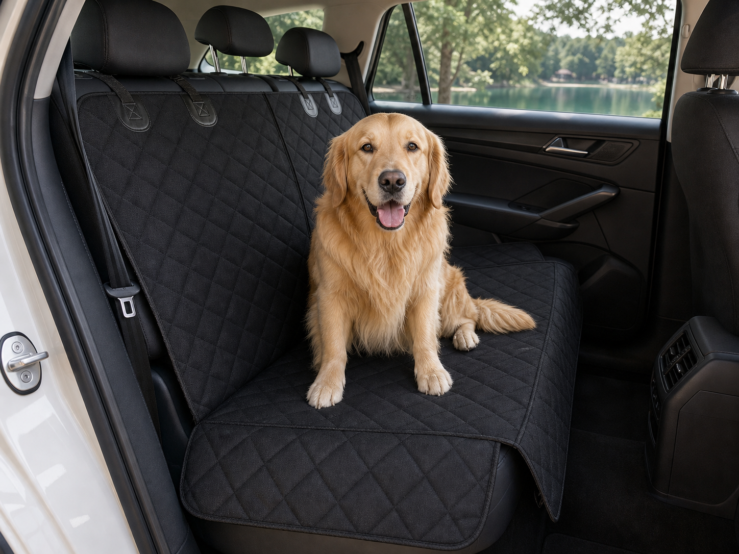 Dog sitting on a protected back seat with a black seat cover