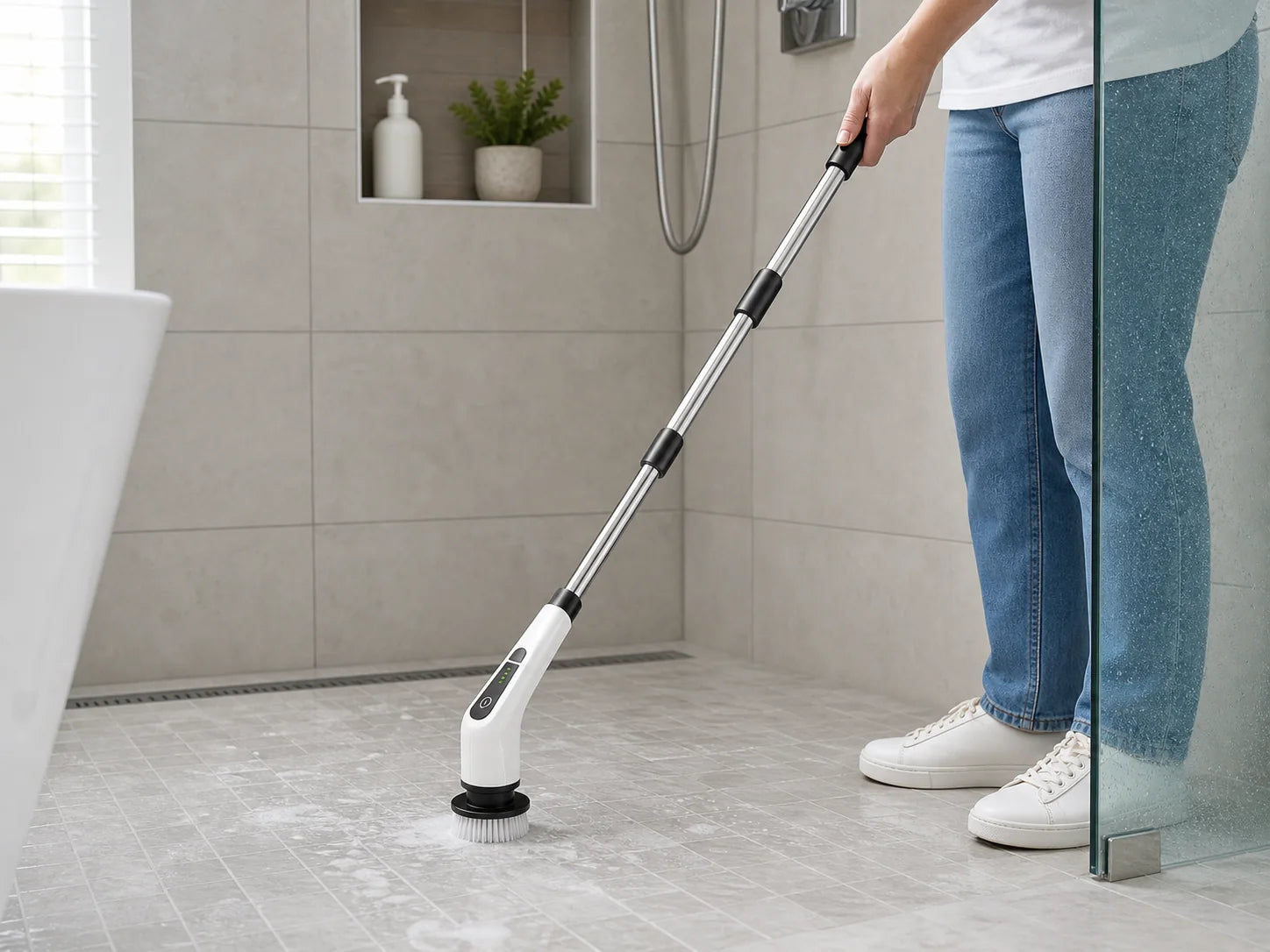 Cordless spin scrubber used for bathroom cleaning