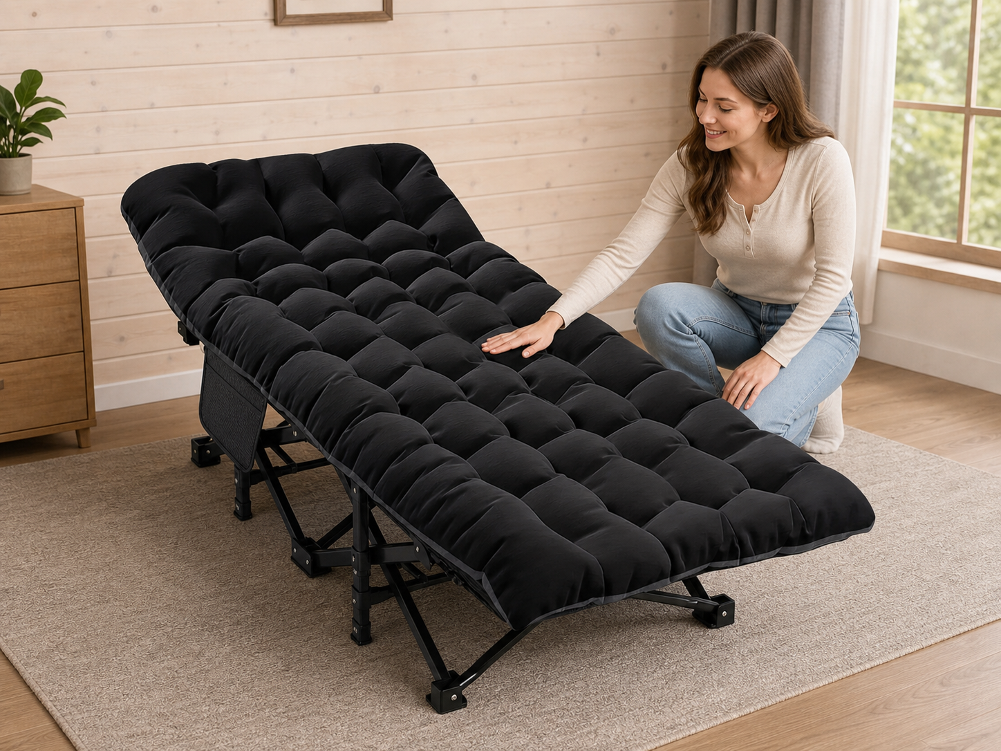 Folding Camping Cot With Mattress being inspected beside a kneeling woman