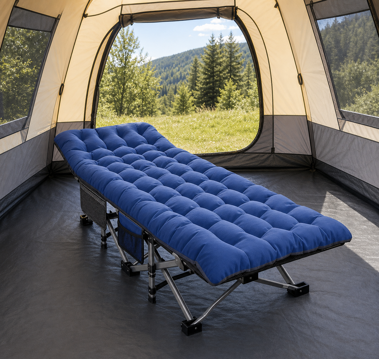 Blue folding camping cot set up inside a large tent