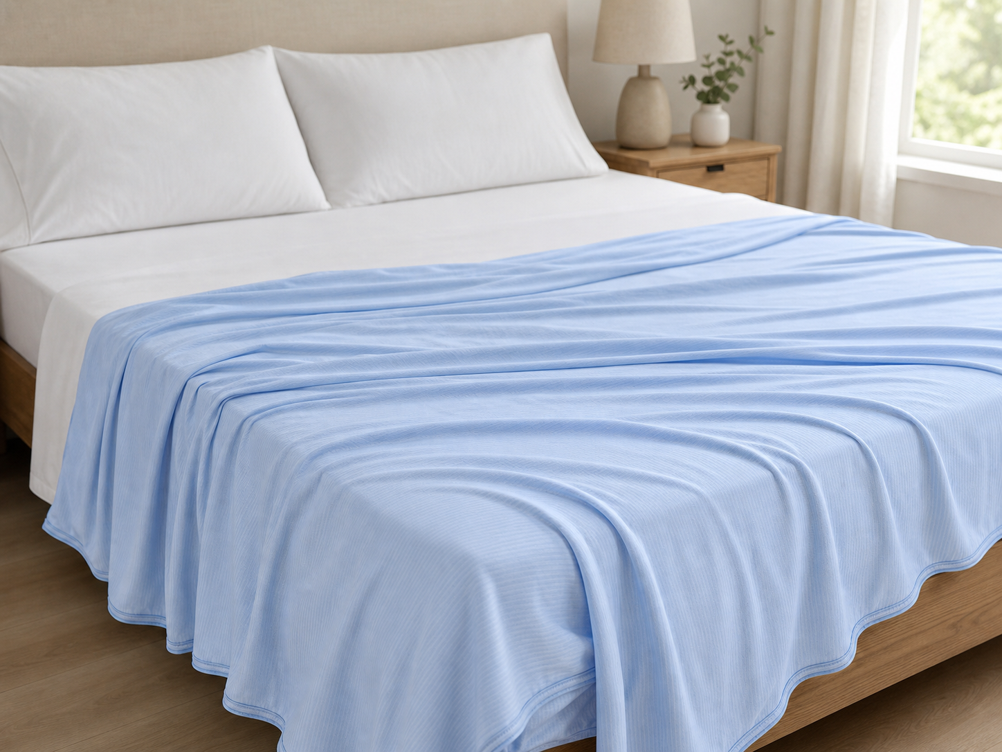 Light blue cooling blanket draped across a neatly made bed