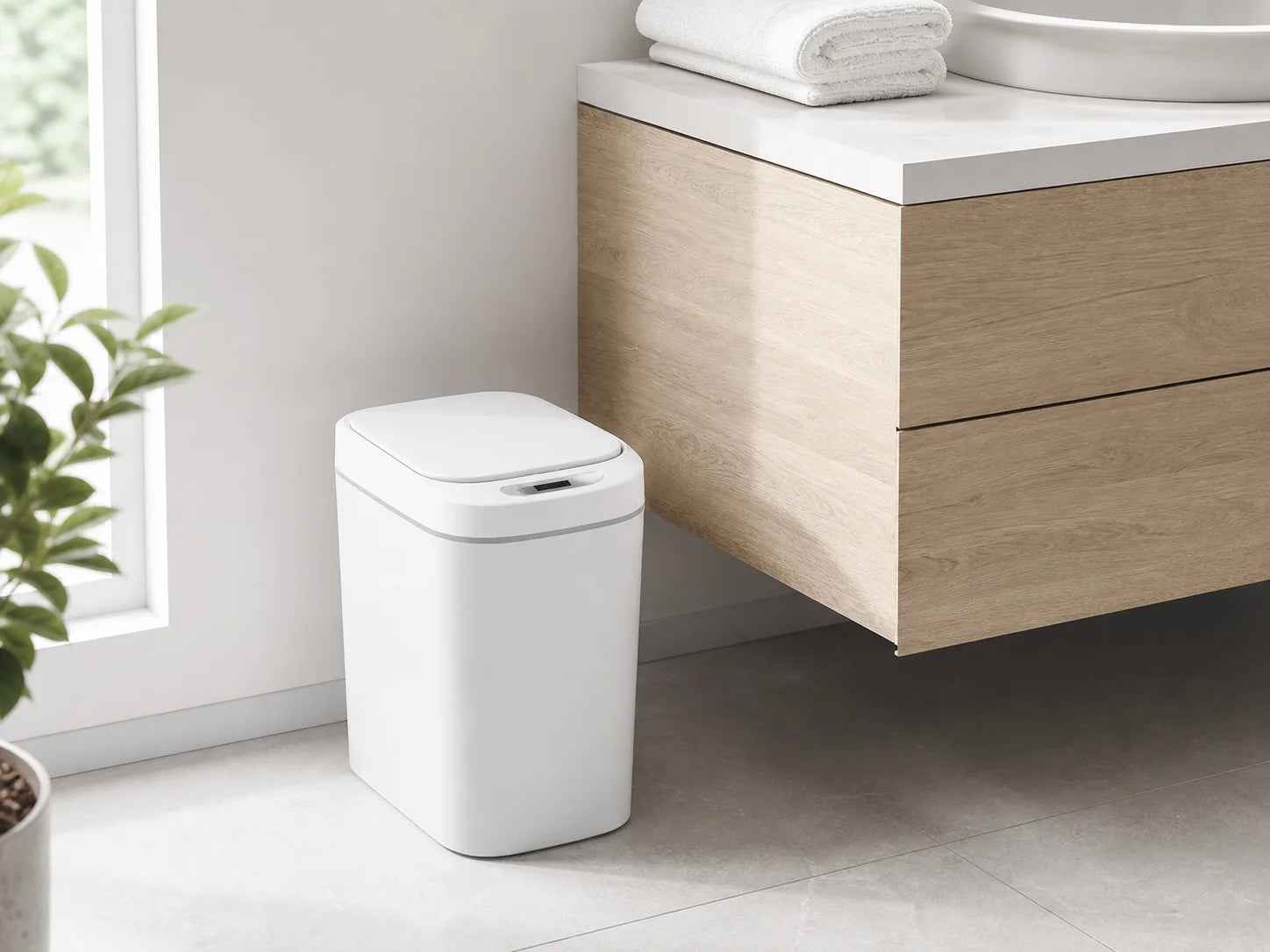 Compact touchless sensor trash can in a bathroom