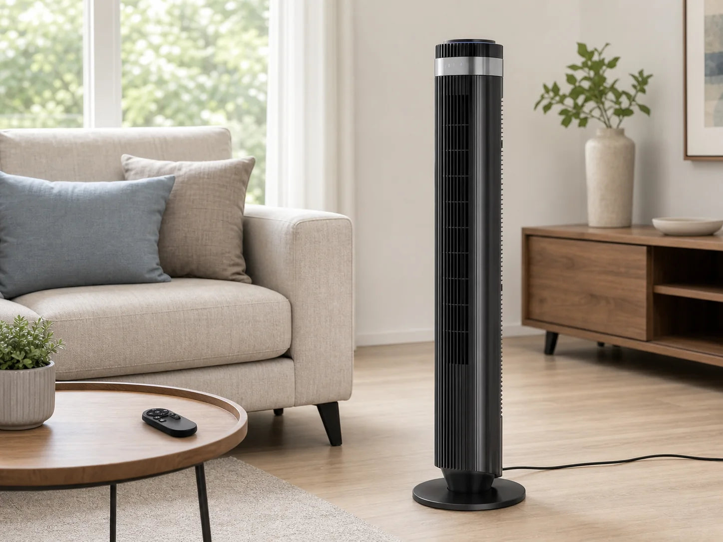 Slim tower fan placed in a bedroom corner