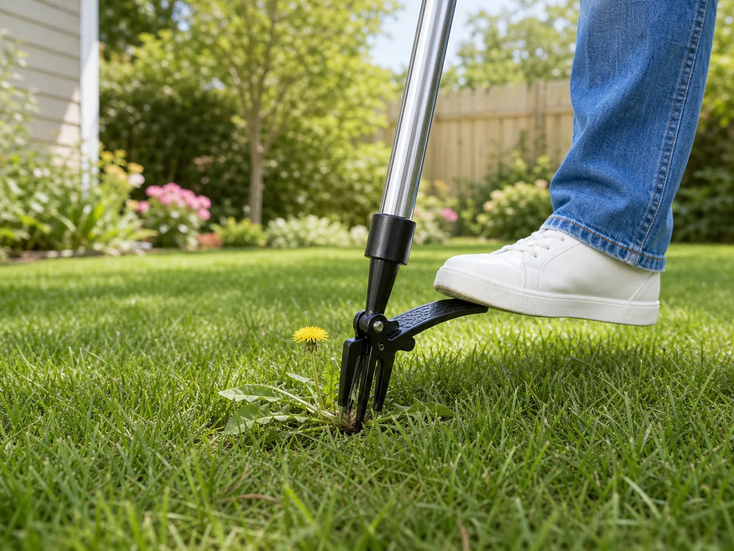 Stand-up weed puller used on a lawn
