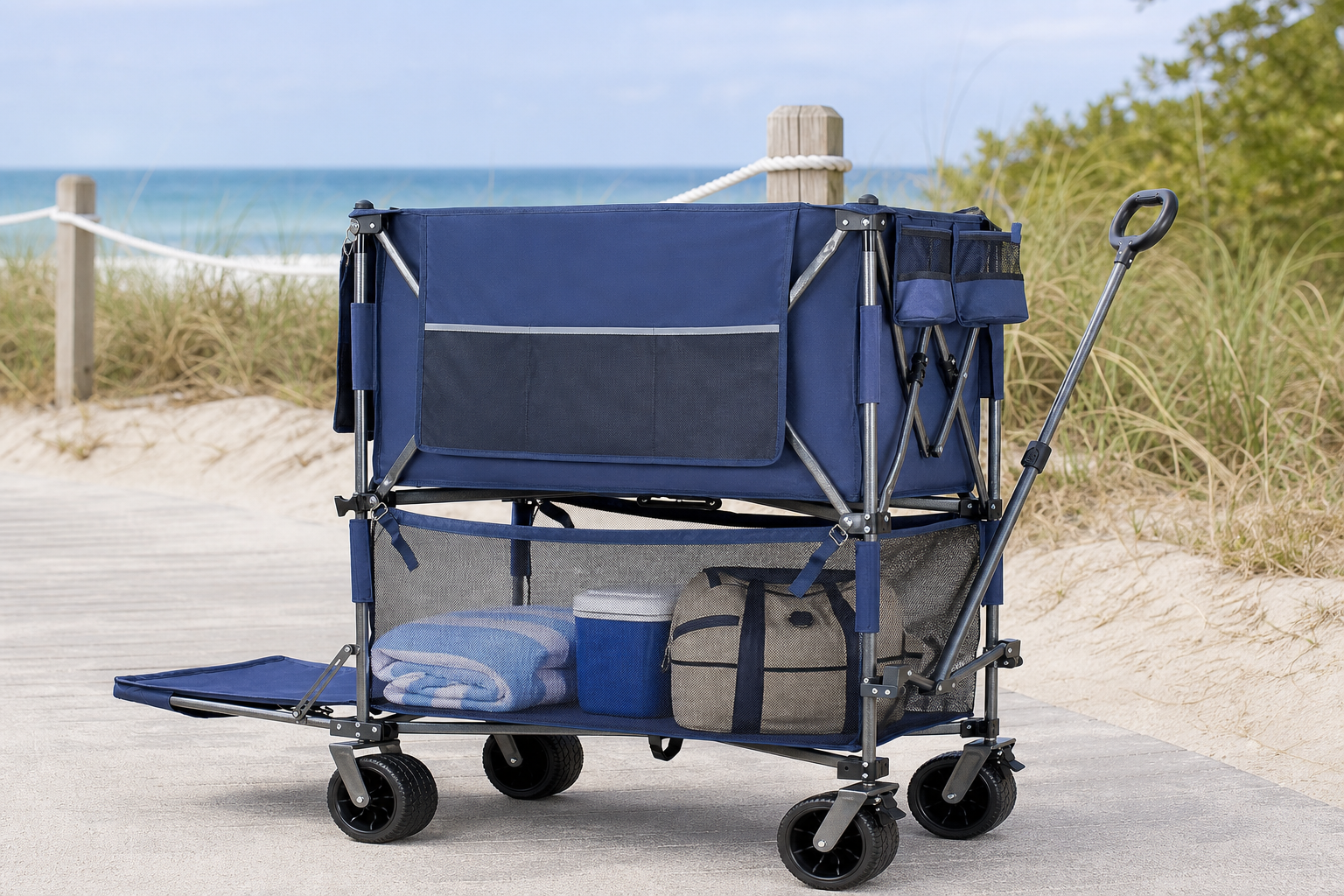 Folding beach cart loaded for a walk from the car to the sand