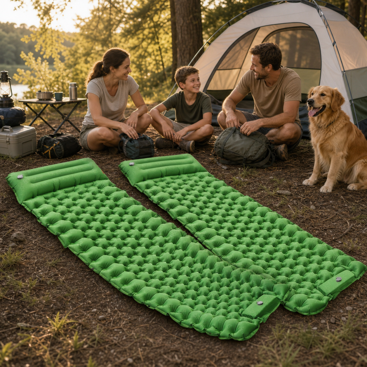 Family campsite with green inflatable camping sleeping pads and dog.