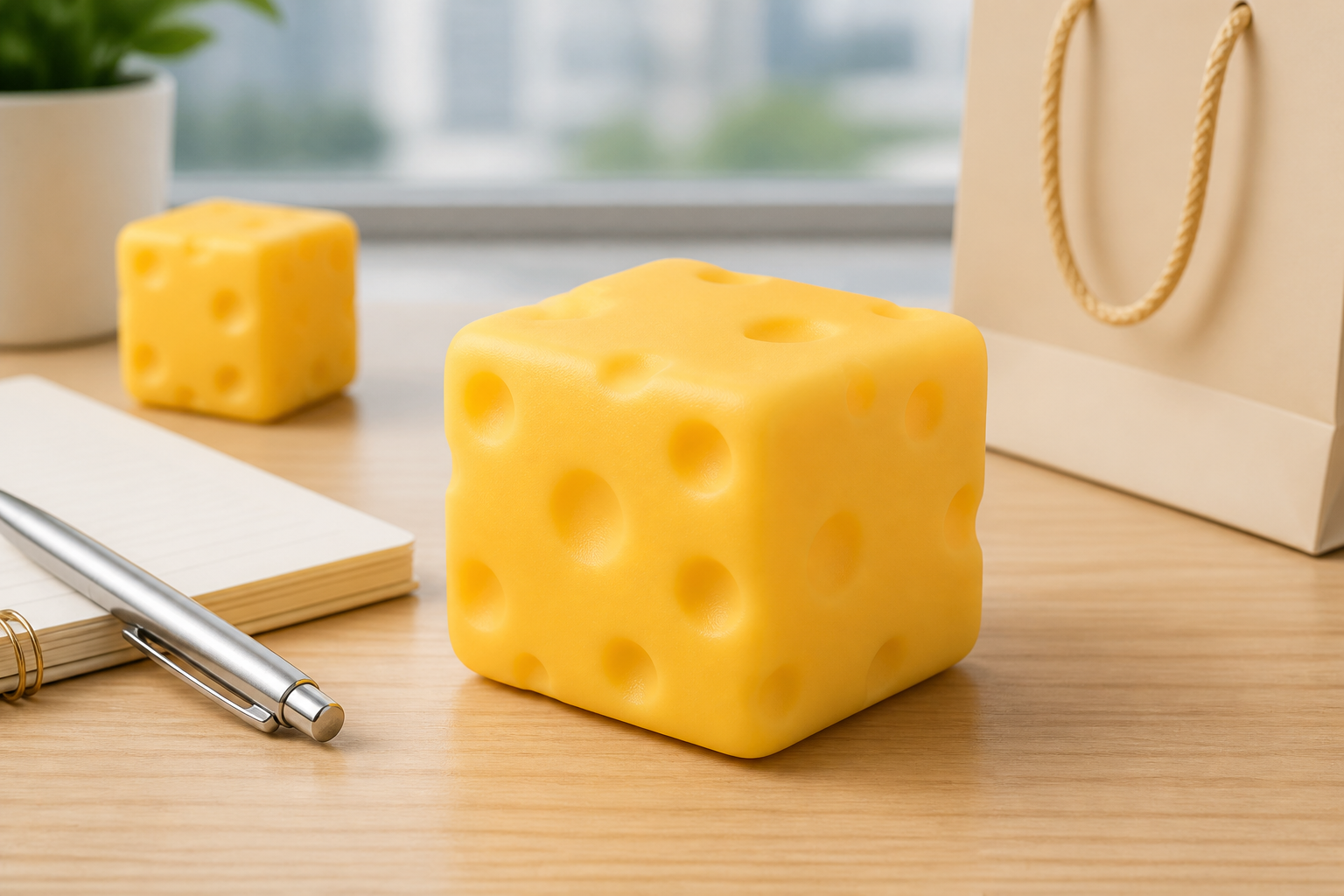 Cheese squeeze fidget toy on a desk