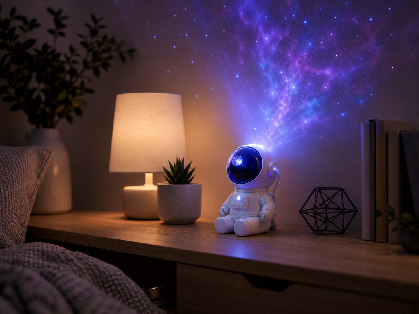 Galaxy projector casting star and nebula light in a dark room