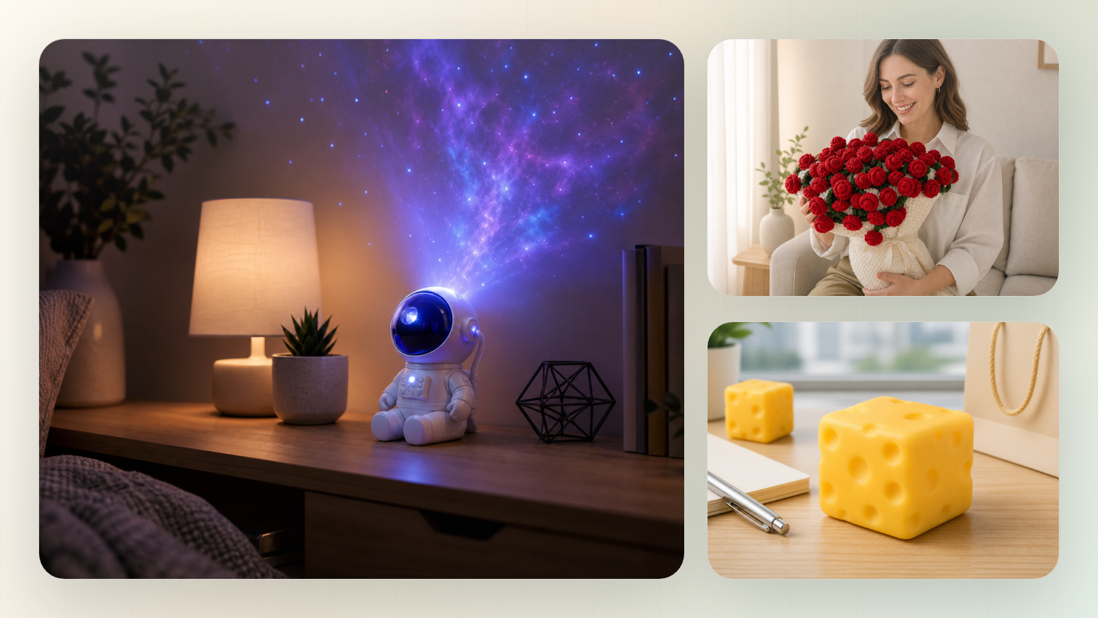 Lifestyle scenes with galaxy projector, rose blanket, and cheese fidget toy