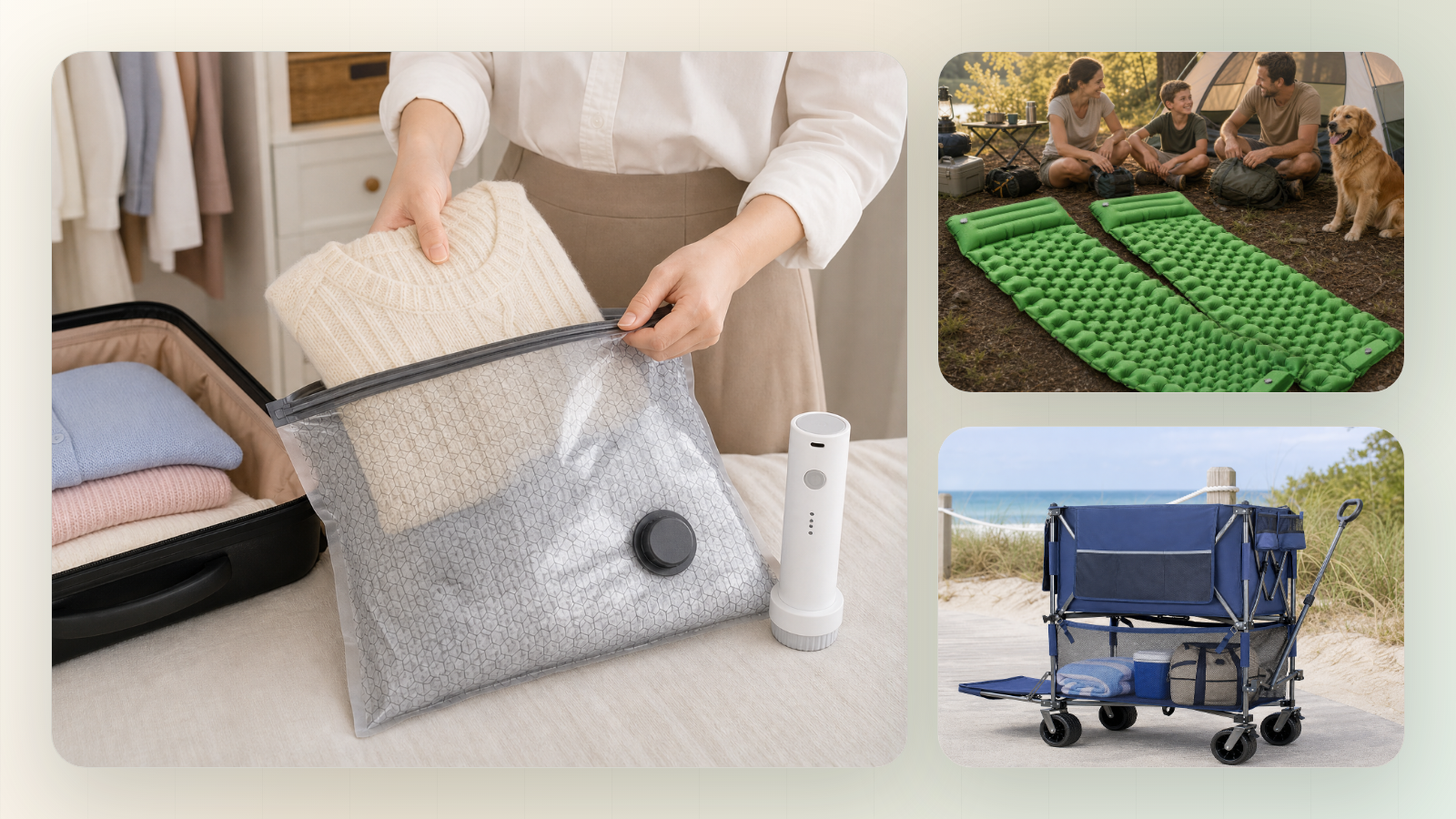 Lifestyle scenes with vacuum bags, camping sleeping pad, and beach cart