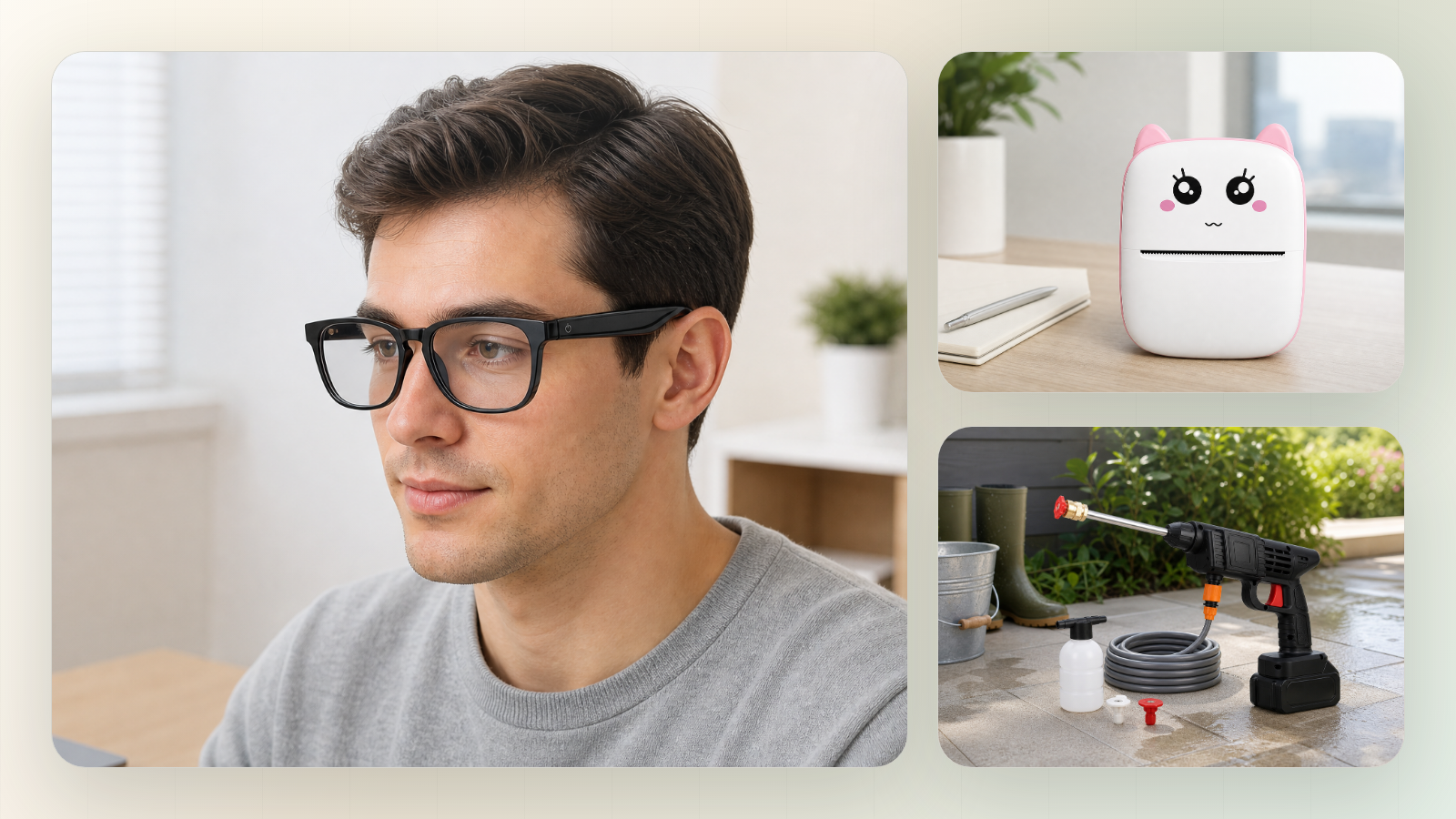 Lifestyle scenes with smart camera glasses, mini printer, and cordless power washer