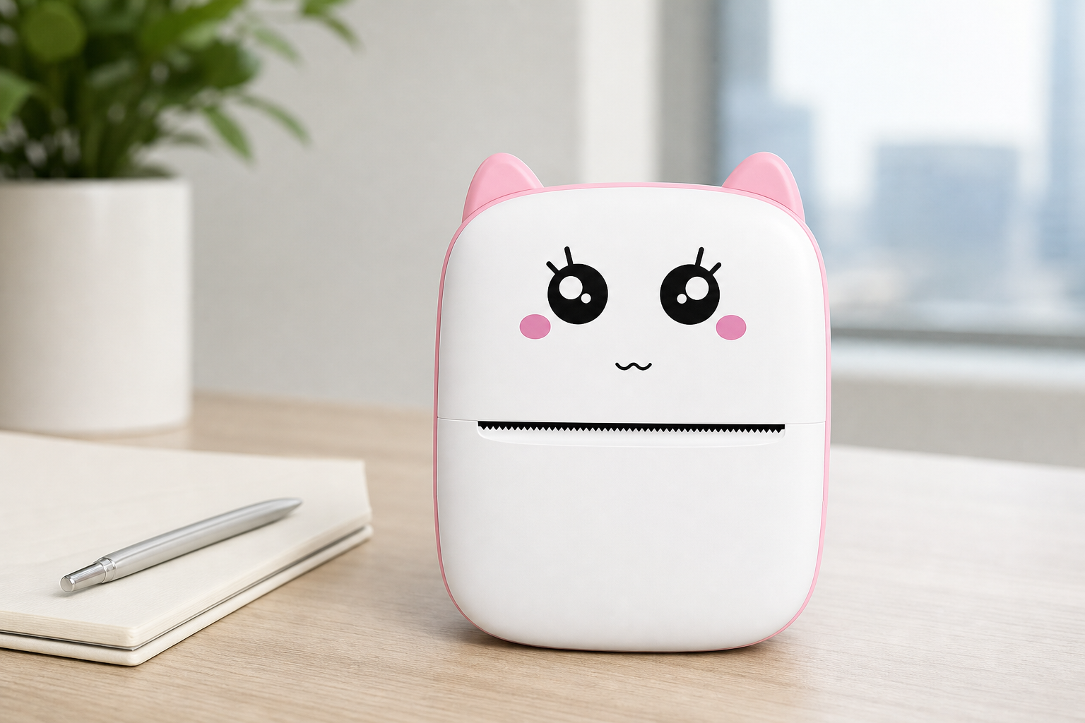 Portable inkless mini printer on a desk with labels and notes