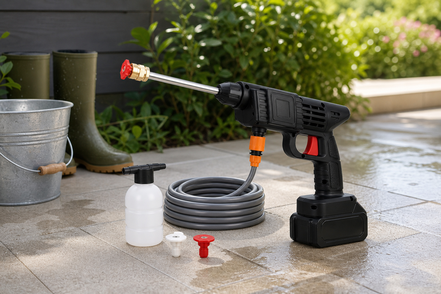 Portable cordless power washer kit used for patio rinsing