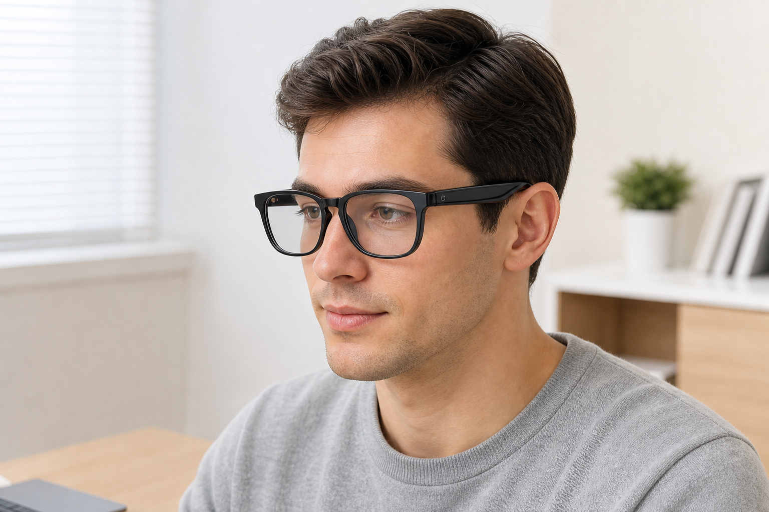 Adult wearing black smart camera glasses in a bright indoor setting.